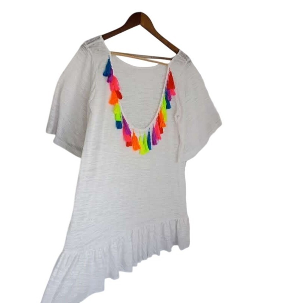 PITUSA White Rainbow Tassel Flutter Sleeve Ruffle Cover Up Tunic S PERU $165